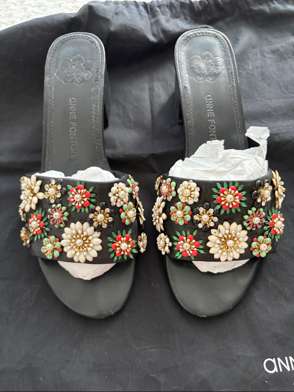 Anne Fontaine Black Embellished Floral Slide Mules 8